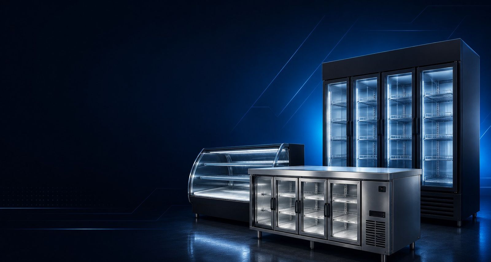 Equipamentos de refrigeração comercial: expositor de bebidas, balcão vitrine e mesa refrigerada em aço inox